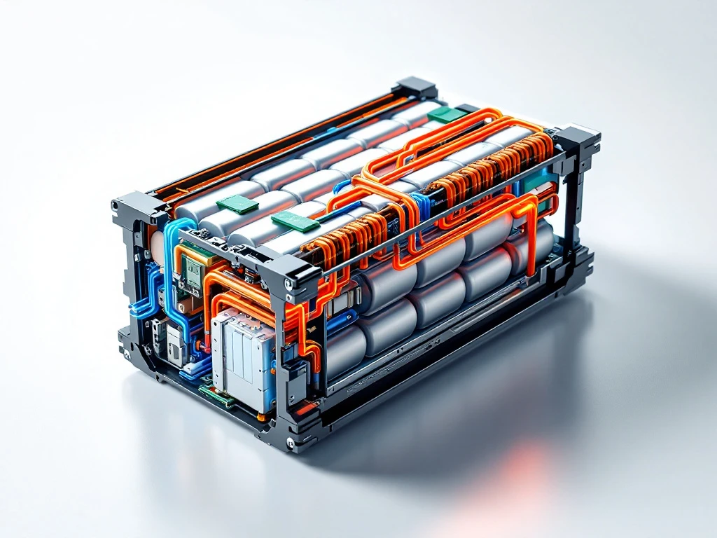 Cross-section of EV battery pack showing blue electrical connections, orange cooling tubes, silver cells, and green circuits.