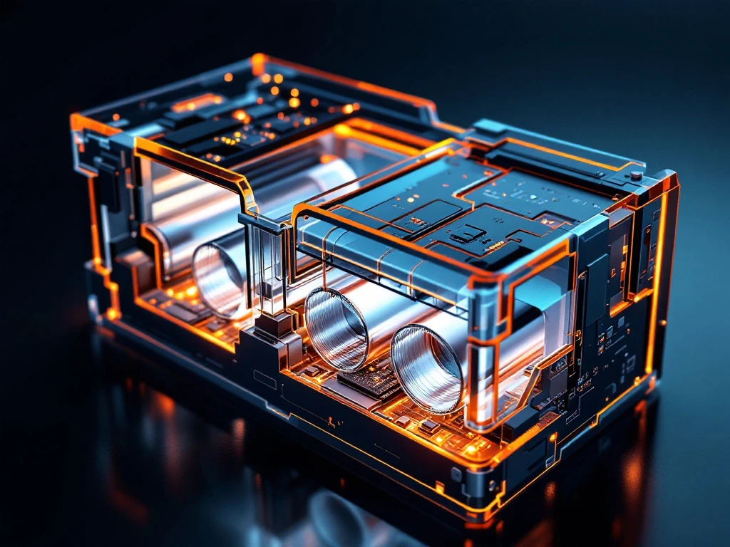 Cross-section of EV battery pack showing lithium-ion cells, cooling tubes, and circuit boards with blue and metallic lighting