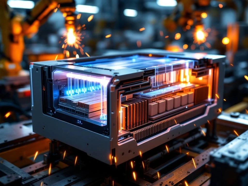 Cross-section of custom EV battery pack showing cooling channels, copper busbars, and robotic assembly in industrial setting.