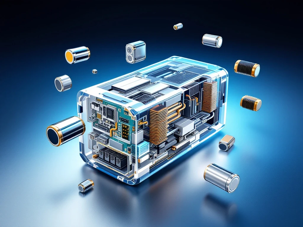 Cross-section view of modular EV battery pack showing lithium cells, cooling systems, and circuit boards on blue gradient
