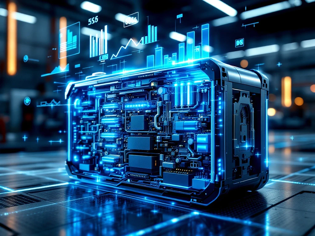 Cross-section of EV battery pack showing internal cells, cooling systems, and circuit boards in automotive workshop