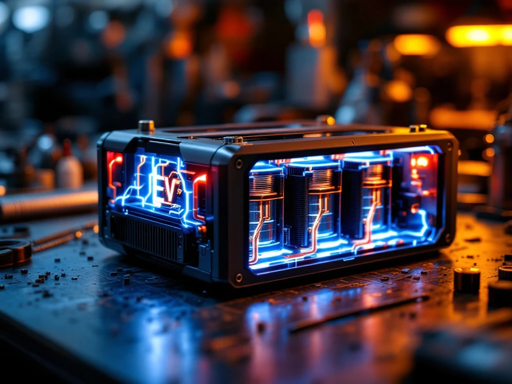 Custom EV battery pack with glowing blue electric current flowing through modular cells on engineering workbench with tools