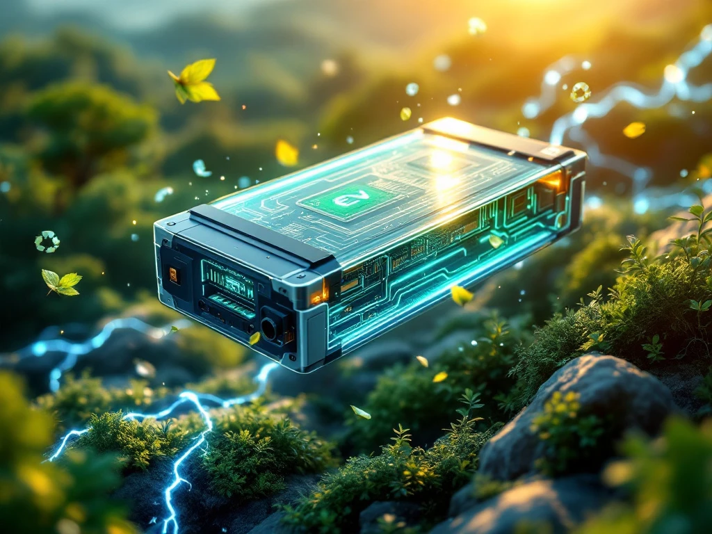 Modular EV battery pack with transparent casing floating above green landscape with solar panels and blue energy streams.