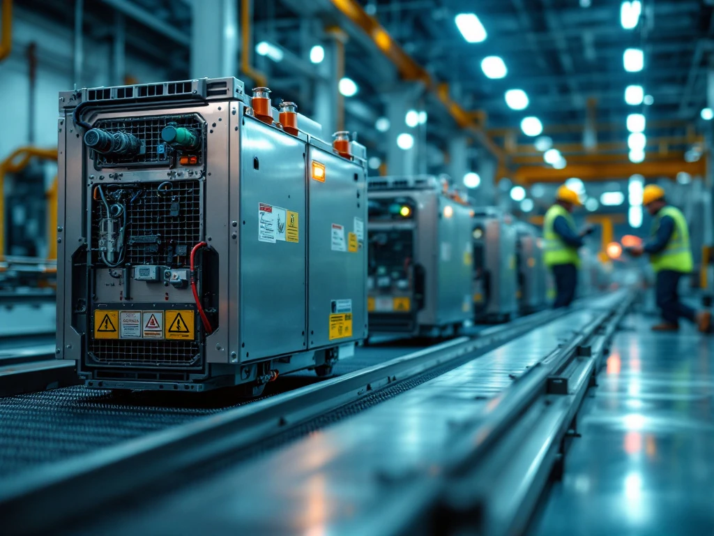 Large EV battery modules on recycling facility conveyor with technicians in protective gear operating machinery