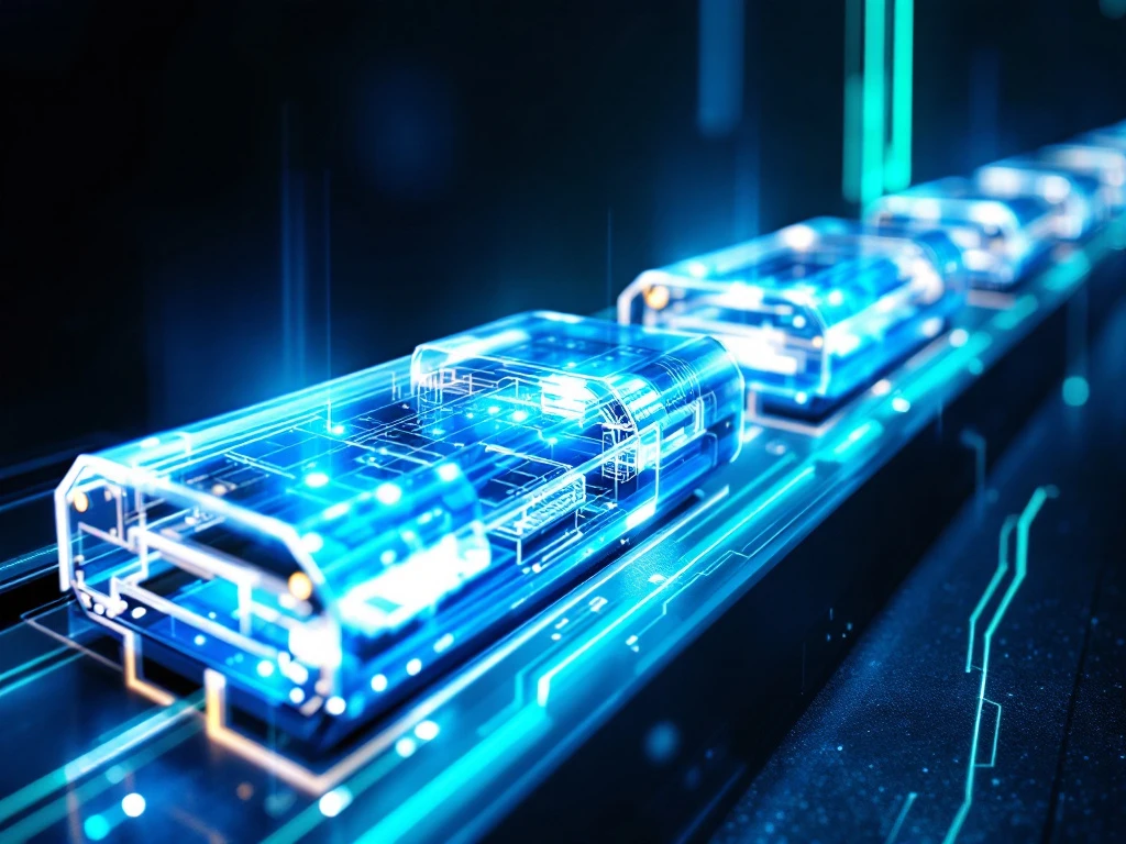 Cross-sectional diagram of EV battery supply chain showing lithium-ion cells, raw materials, and manufacturing stages with blue lighting.