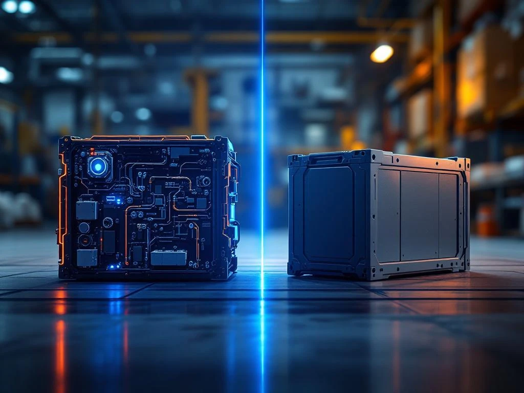Split-screen comparison of custom modular EV battery pack with cooling channels versus standard rectangular battery unit