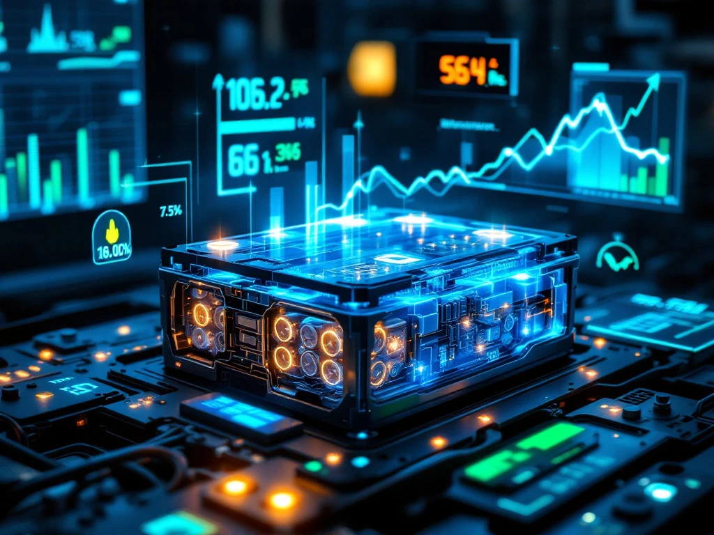 Cutaway EV battery pack with glowing cells on testing platform, surrounded by holographic performance data and metrics