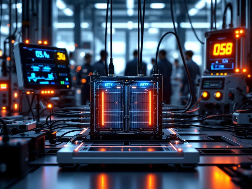 Lithium battery pack with diagnostic cables and sensors in high-tech EV testing laboratory with monitoring screens