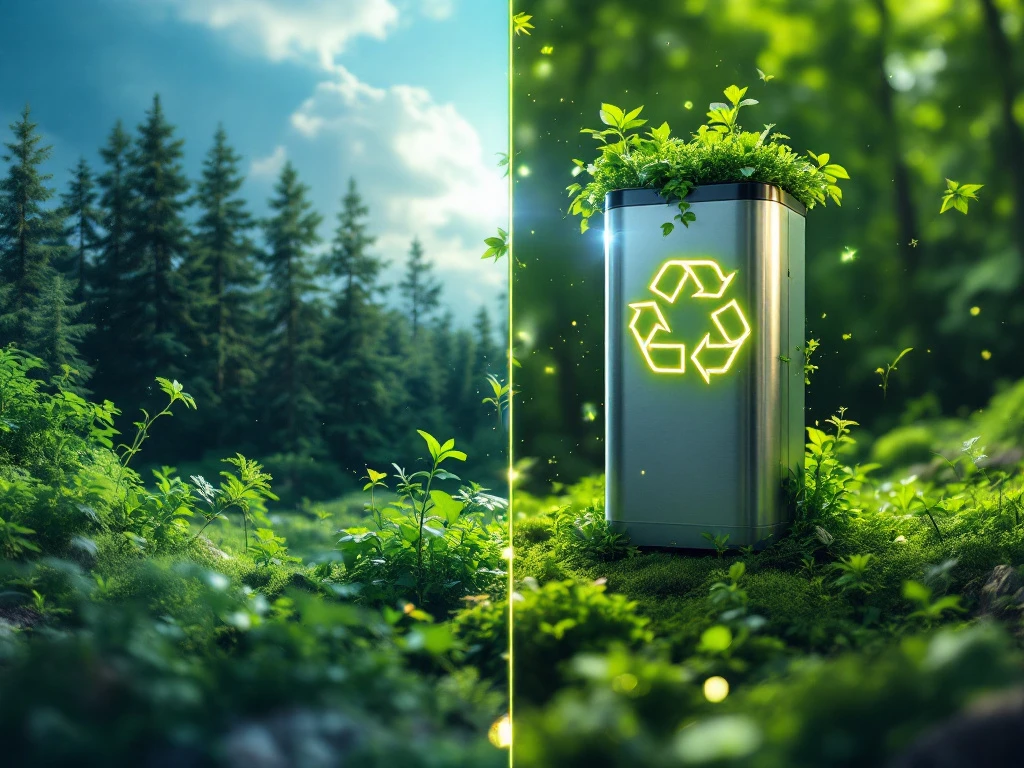 Split-screen showing pristine green forest on left and modern EV battery with glowing indicators on right, symbolizing sustainable technology.