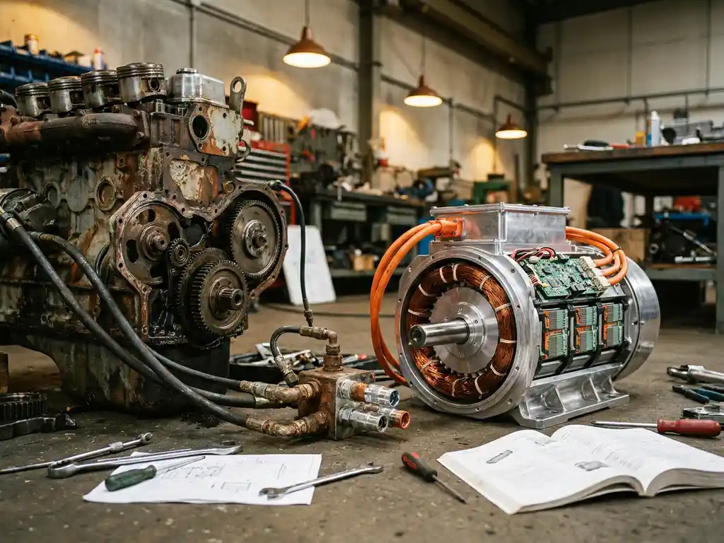 Verweerde dieselmotor naast nieuwe elektrische motor op werkplaatsvloer met gereedschap en technische tekeningen
